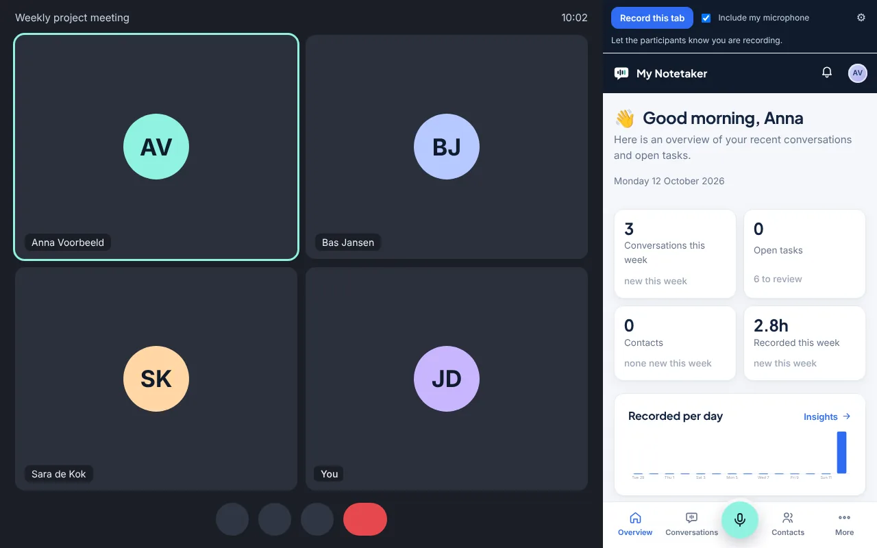 An online meeting with the My Notetaker side panel on the right